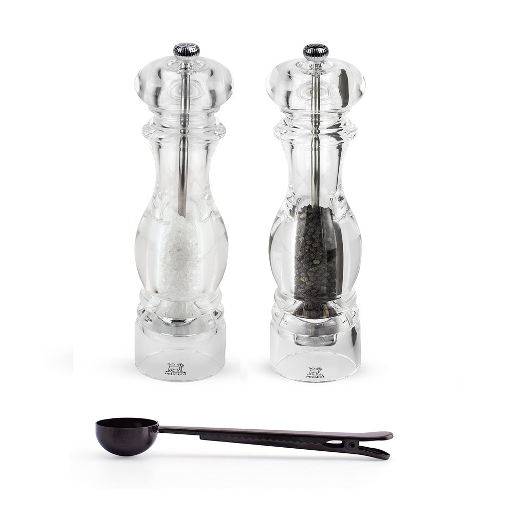 Peugeot Nancy Inch Salt & Pepper Mill Gift Set, Acrylic - With Stainless Steel Spice Scoop/Bag Clip (12 Inch)