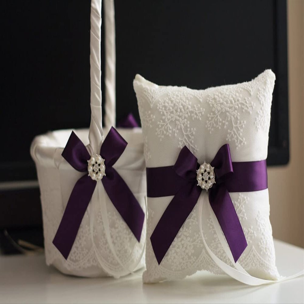 Plum Flower Girl Basket, Plum Ring Pillow, Eggplant Wedding Basket, Ring Bearer Pillow, Plum Ringkissen, Flower Girl Baskets (White, 2 Pillows)