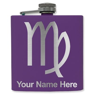 6oz Stainless Steel Flask, Zodiac Sign Virgo, Personalized Engraving Included (Dark Purple)