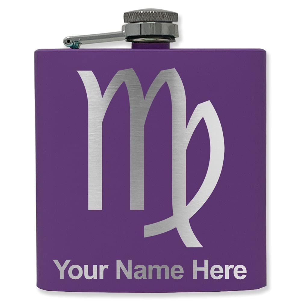 6oz Stainless Steel Flask, Zodiac Sign Virgo, Personalized Engraving Included (Dark Purple)