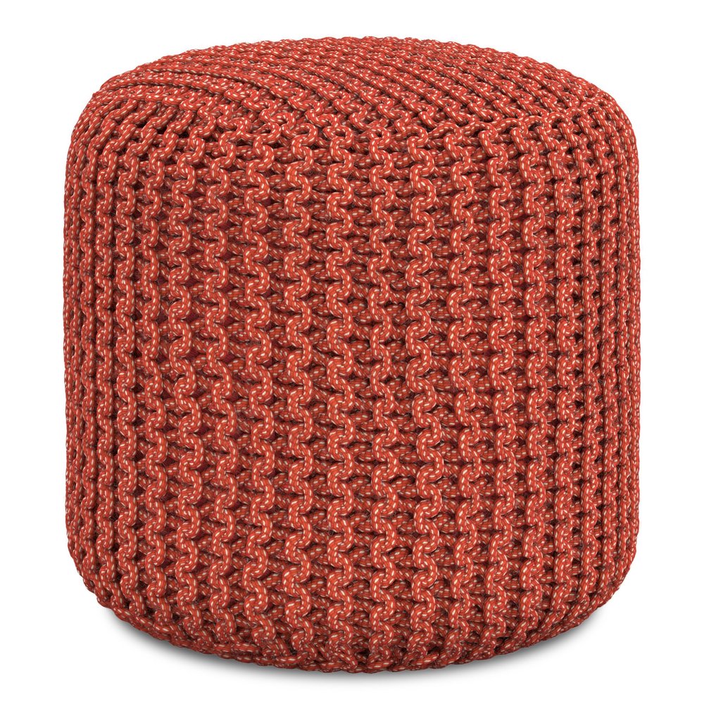 SIMPLIHOME Wynne Round Knitted Pouf - 18 inch Wide Upholstered PET Polyester Ottoman in Orange, Indoor/Outdoor Boho Footstool or Extra Seating for Living Room with Polystyrene Bead Filling, Assembled