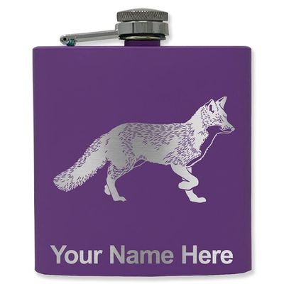 6oz Stainless Steel Flask, Fox, Personalized Engraving Included (Dark Purple)