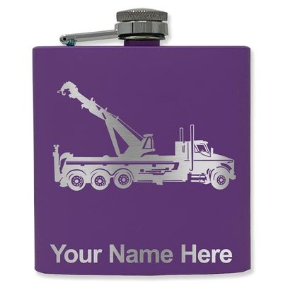 6oz Stainless Steel Flask, Tow Truck Wrecker, Personalized Engraving Included (Dark Purple)