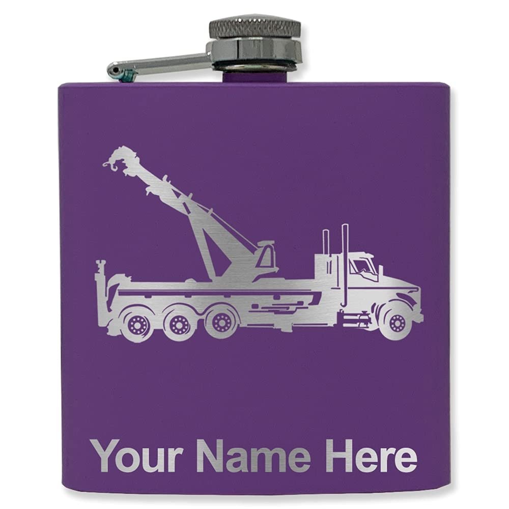 6oz Stainless Steel Flask, Tow Truck Wrecker, Personalized Engraving Included (Dark Purple)