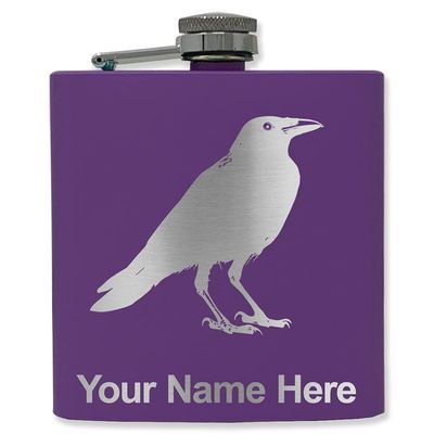 6oz Stainless Steel Flask, Crow, Personalized Engraving Included (Dark Purple)