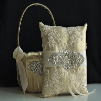 Flower Girl Basket Gold Ring Pillow Wedding Basket Ring Bearer Pillow Ivory Gold Wedding Ceremony Flower Basket, Flower Girl Baskets (White, 1 Basket)