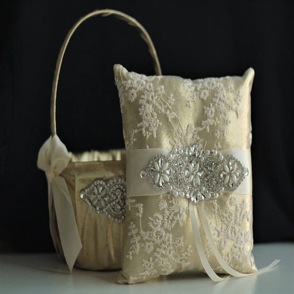 Flower Girl Basket Gold Ring Pillow Wedding Basket Ring Bearer Pillow Ivory Gold Wedding Ceremony Flower Basket, Flower Girl Baskets (White, 1 Basket)
