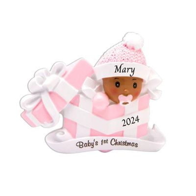 2024 Personalized Baby's First Christmas Tree Ornament - African American Baby Girl in Present Customized Pink Baby Christmas Ornament - Keepsake for New Born-Free Customization