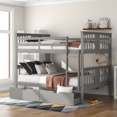 Full Over Full Bunk Bed for Kids Adults Teens, Solid Wood Bunk Bed with 2 Drawers and Safety Guard Rail, Can Be Converted Into 2 Independent Beds, Apply to Bedroom/Dormitory (Gray+Drawers)