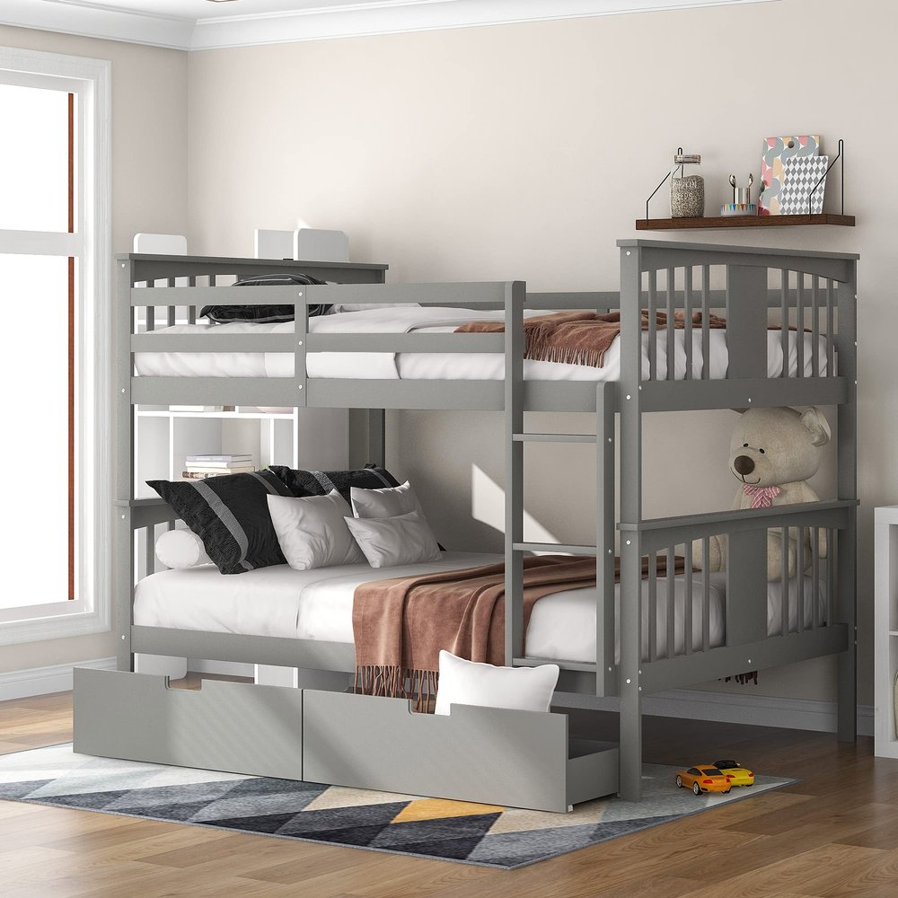 Full Over Full Bunk Bed for Kids Adults Teens, Solid Wood Bunk Bed with 2 Drawers and Safety Guard Rail, Can Be Converted Into 2 Independent Beds, Apply to Bedroom/Dormitory (Gray+Drawers)