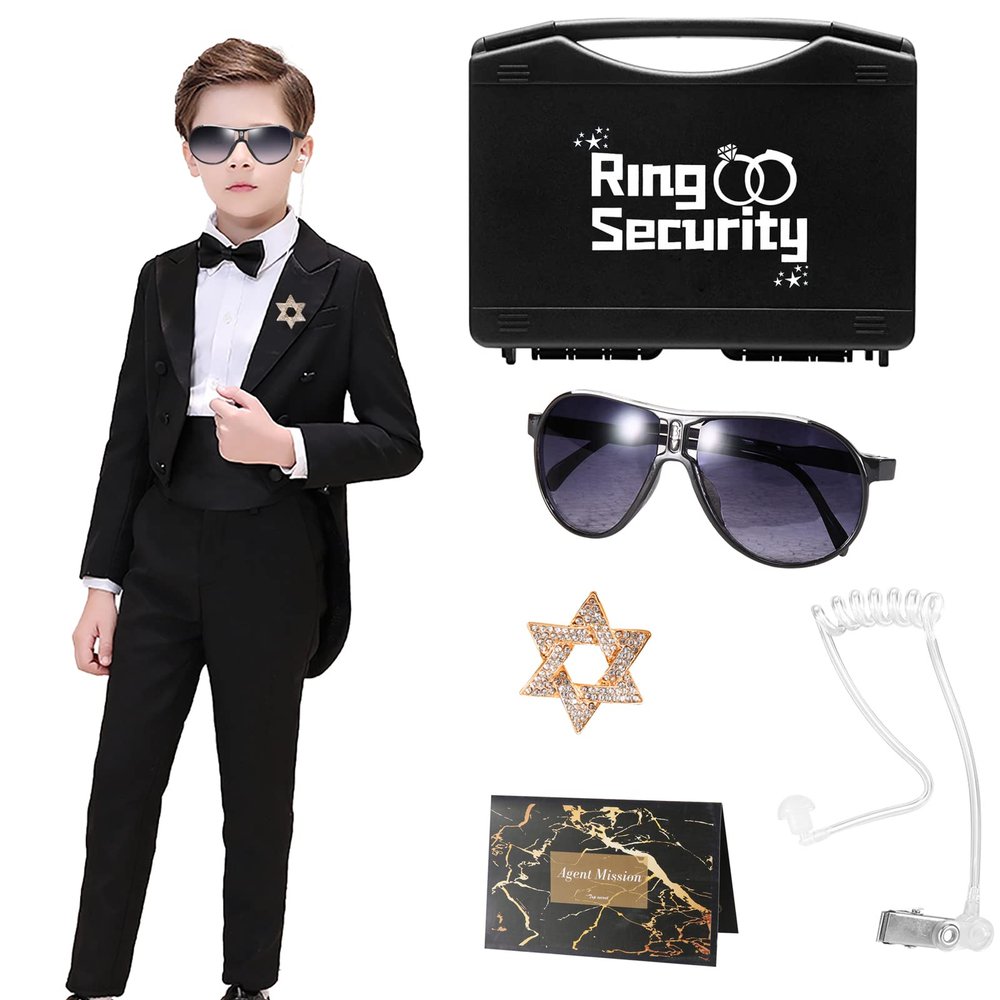 Btriger Ring Bearer Security Set for Wedding - Spy Agent Themed Ring Box with Badge, Sunglasses & Task Card - Kids Ring Ceremony Kit