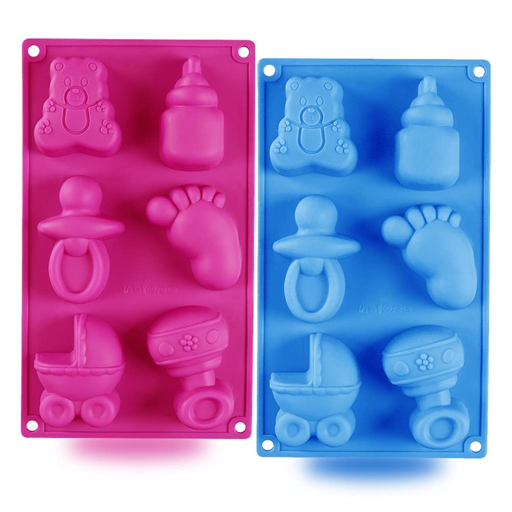 2 Pack Baby Shower Themed Silicone Soap Mold, 3D Baby Carriages Bottle Little Feet Bear fondant Mold Cake Decorating Tools for Chocolate, Soap, Sugar Craft, Candy, Cupcake Topper, Polymer Clay