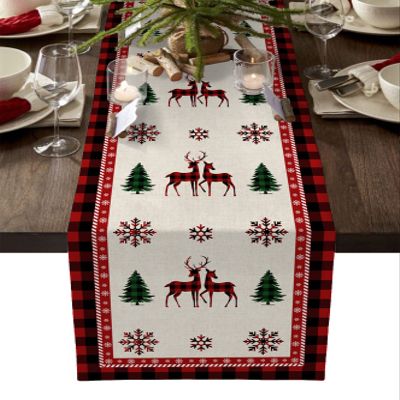 Burlap Christmas Table Runner Christmas Deer Xmas Tree Snowflakes Black Red Buffalo Check Plaid Farmhouse Table Runner for Christmas Holiday Party Wedding Dining Table Dresser Decoration 14"x72"