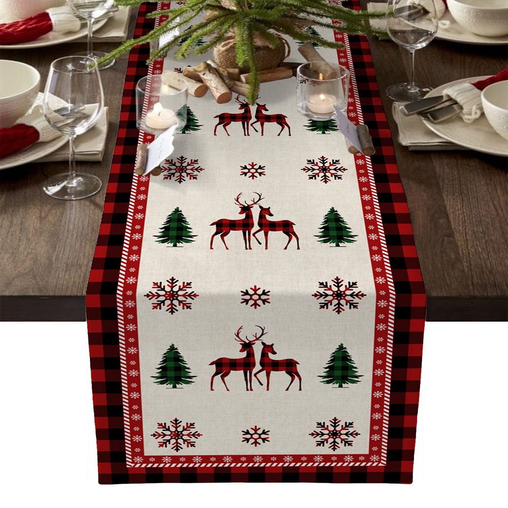 Burlap Christmas Table Runner Christmas Deer Xmas Tree Snowflakes Black Red Buffalo Check Plaid Farmhouse Table Runner for Christmas Holiday Party Wedding Dining Table Dresser Decoration 14"x72"