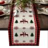 Burlap Christmas Table Runner Christmas Deer Xmas Tree Snowflakes Black Red Buffalo Check Plaid Farmhouse Table Runner for Christmas Holiday Party Wedding Dining Table Dresser Decoration 14"x72" view 1
