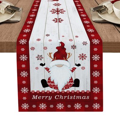 Burlap Christmas Table Runner Merry Christmas Happy Gnome on Retro Wooden Red Snowflakes Checkered Farmhouse Table Runner for Christmas Holiday Party Wedding Dining Table Dresser Decoration 14"x72"