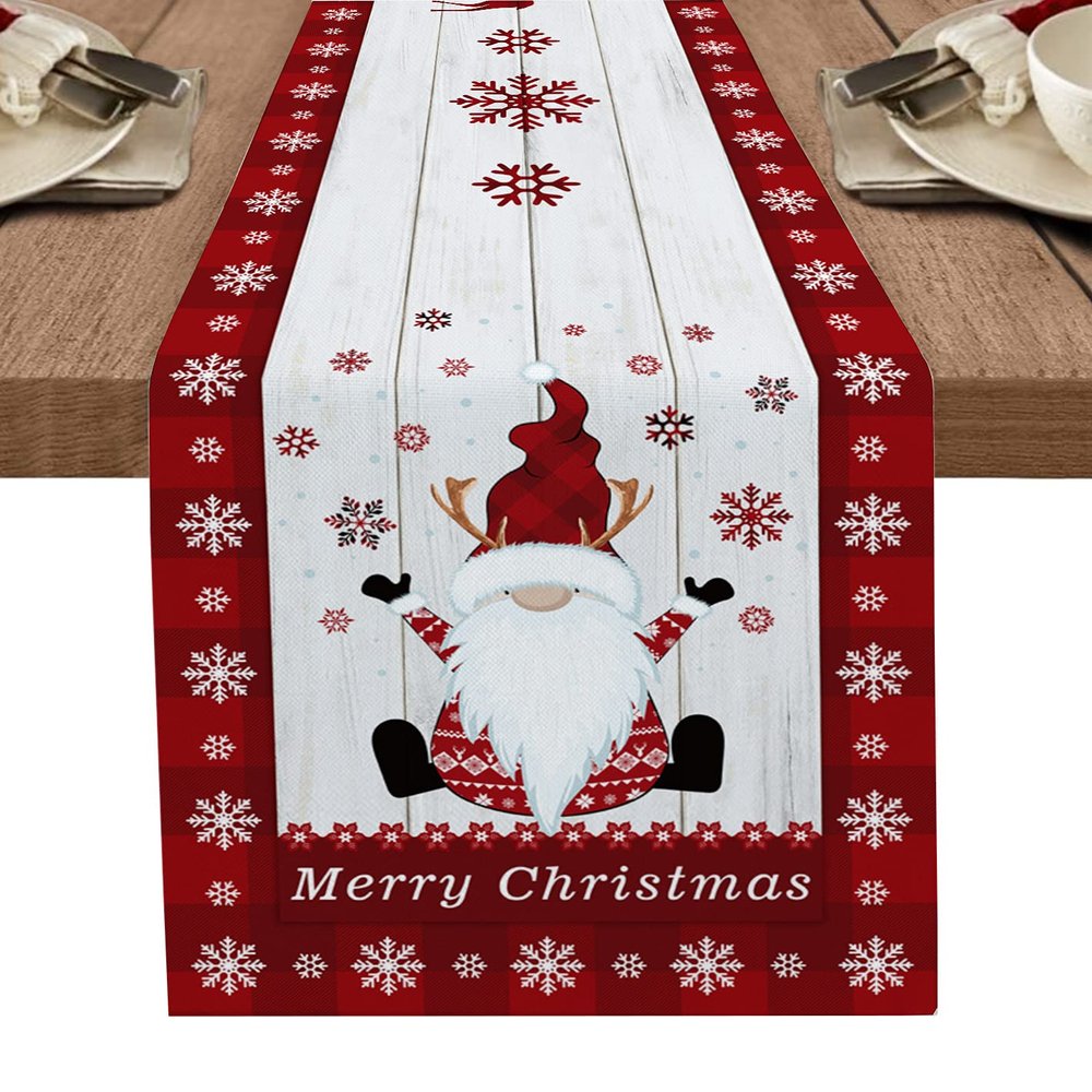 Burlap Christmas Table Runner Merry Christmas Happy Gnome on Retro Wooden Red Snowflakes Checkered Farmhouse Table Runner for Christmas Holiday Party Wedding Dining Table Dresser Decoration 14"x72"