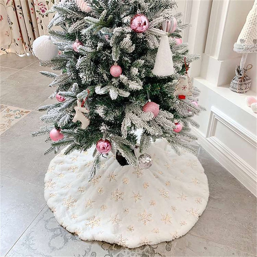 CH01 Faux Fur Christmas Tree Skirt White Plush Skirt for Merry Christmas Party Christmas Tree Decoration 90cm Snowflake Gold