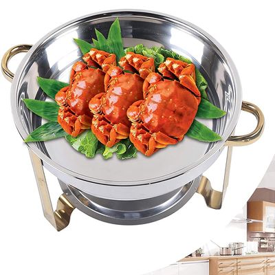 3.5L Stainless Steel Gold-Accented Chafer Buffet Server And Food Warmer Container Round Chafing Dish with Food Pan, Water Pan, Lid, Frame And Fuel Holder,6