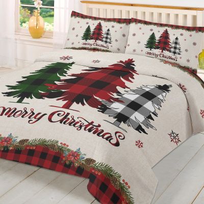 3 Piece Comforter Cover Set Twin, Merry Christmas Plaid Xmas Tree and Snowflakes Red Lattice Border Duvet Cover Set Soft Bedding Set for Kids Teens Children Adults (1 Duvet Cover and 2 Pillowcases)