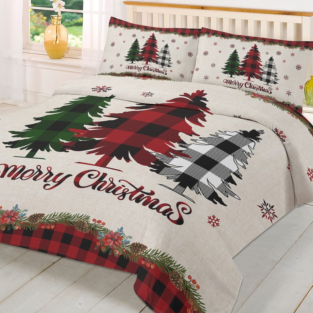 3 Piece Comforter Cover Set Twin, Merry Christmas Plaid Xmas Tree and Snowflakes Red Lattice Border Duvet Cover Set Soft Bedding Set for Kids Teens Children Adults (1 Duvet Cover and 2 Pillowcases)