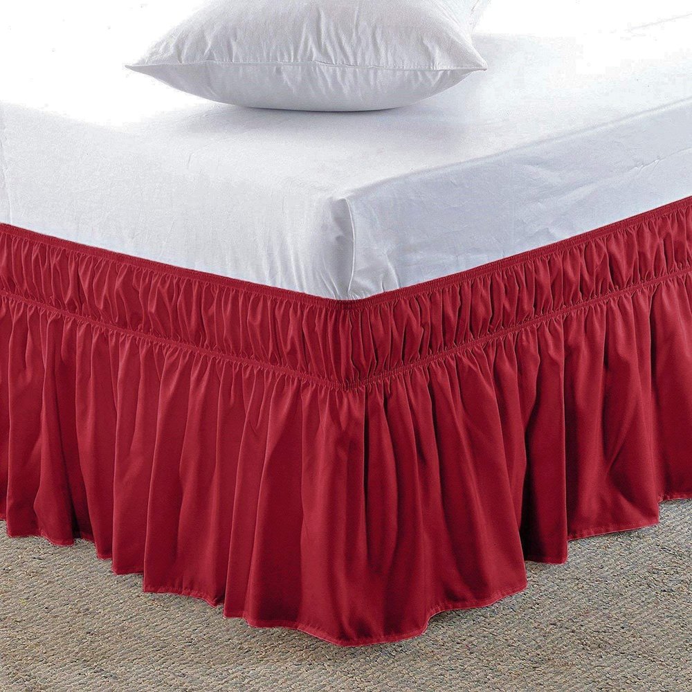 Amuze Bedding Easy Fit Elastic Wrap Around Ruffled BedSkirt Recron Drop Length 18 Inches (Blood Red,Twin XXL)