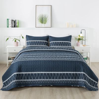Andency Navy Quilts Queen Size, 3 Pieces Queen Quilt Bedding Set Boho Lightweight Soft Striped Bedspread for All Season (90"x96"), Printed Bohemian Microfiber Reversible Coverlet Comoforter Sets