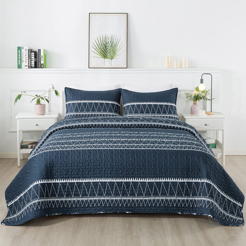 Andency Navy Quilts Queen Size, 3 Pieces Queen Quilt Bedding Set Boho Lightweight Soft Striped Bedspread for All Season (90"x96"), Printed Bohemian Microfiber Reversible Coverlet Comoforter Sets