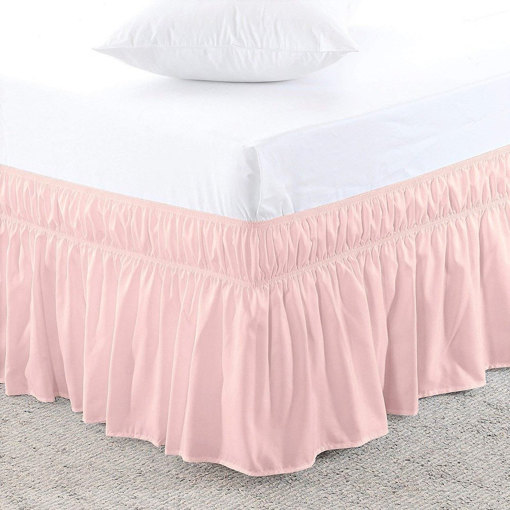 Amuze Bedding Easy Fit Elastic Wrap Around Ruffled BedSkirt Recron Drop Length 18 Inches (Pink,Full XL)