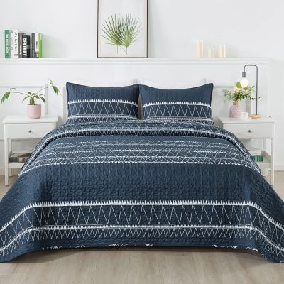Andency Navy California King Quilt Set, 3 Pieces Boho Lightweight Soft Striped Cal King Bedspread for All Season (112"x104"), Printed Bohemian Microfiber Reversible Coverlet Comforter Sets