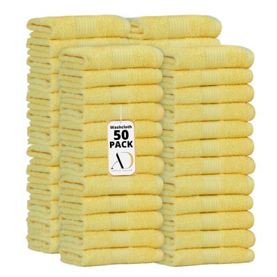 Ample Decor Wash Cloths Pack of 50 12 X 12 Inch 100% Cotton 600 GSM, Soft Absorbent, Face Towels, Reusable Fingertip Towels for Bathroom, Hotel, Gym, Spa - Yellow