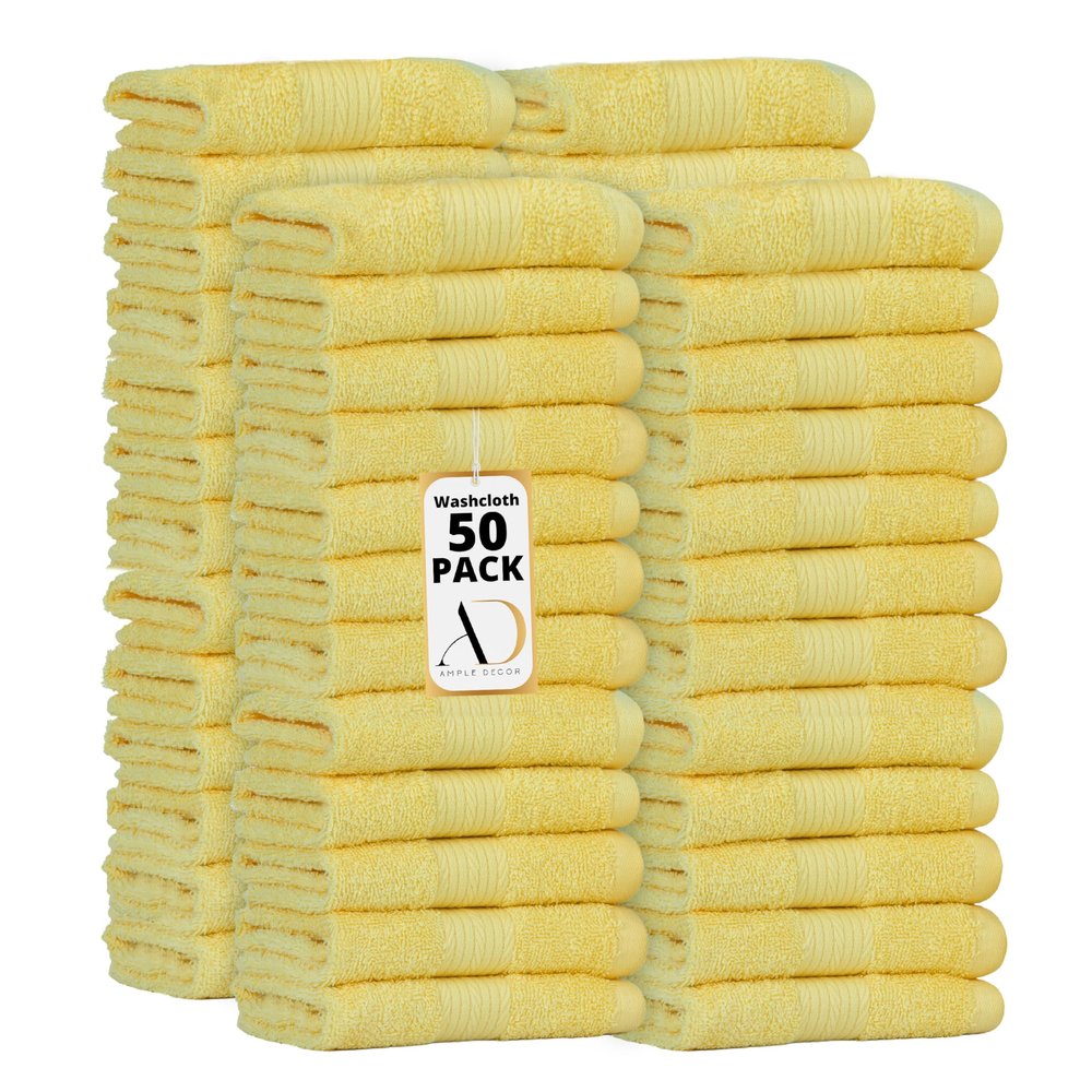 Ample Decor Wash Cloths Pack of 50 12 X 12 Inch 100% Cotton 600 GSM, Soft Absorbent, Face Towels, Reusable Fingertip Towels for Bathroom, Hotel, Gym, Spa - Yellow