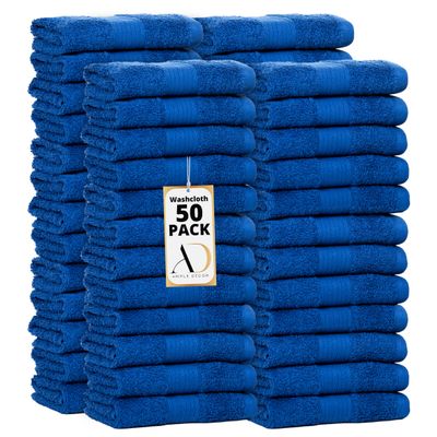 Ample Decor Wash Cloths Set of 50 12 X 12 Inch 100% Cotton 600 GSM, Soft Absorbent, Machine Washable Face Towels, Oeko Tex Certified Reusable Fingertip Towels for Bathroom, Hotel, Gym,Spa-Navy Blue