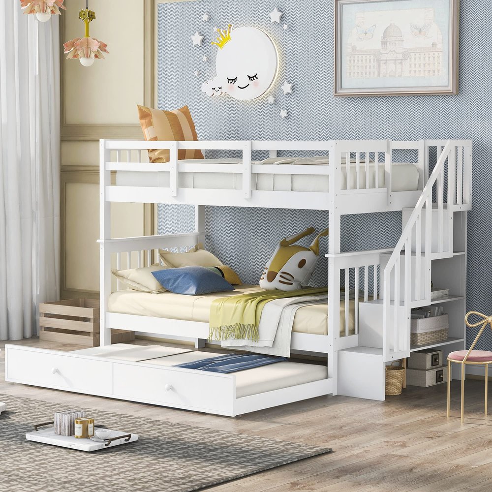 KLMM Twin Over Twin Stairway Bunk Bed for Kids/Teenager/Adults, Bunk Bed Frame with Trundle and 4 Storage Shelf, Can Be Divided Into 2 Separate Beds, Bedroom Dorm Furniture (White-Trundle)