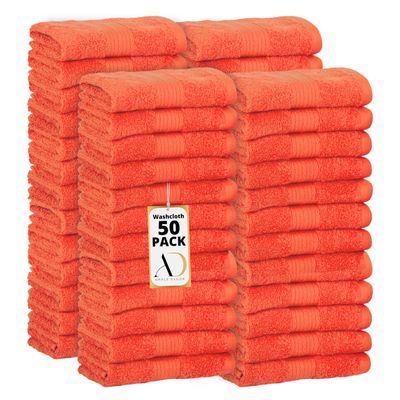Ample Decor Wash Cloths Pack of 50 12 X 12 Inch 100% Cotton 600 GSM, Soft Absorbent, Machine Washable Face Towels, Reusable Fingertip Towels for Bathroom, Hotel, Gym, Spa - Orange