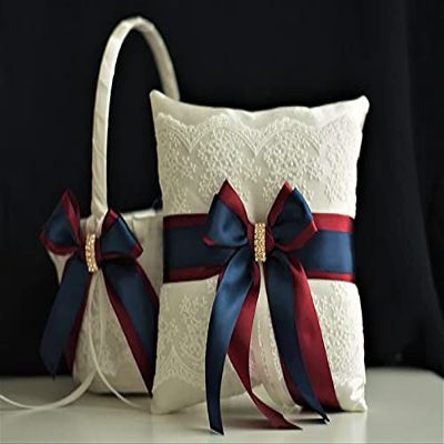 Navy Flower Girl Basket, Burgundy Pillow for Rings, Navy Blue Wedding Basket, Navy Ring Bearer Pillow, Flower Girl Baskets (White, 1 Pillow + 1 Basket)