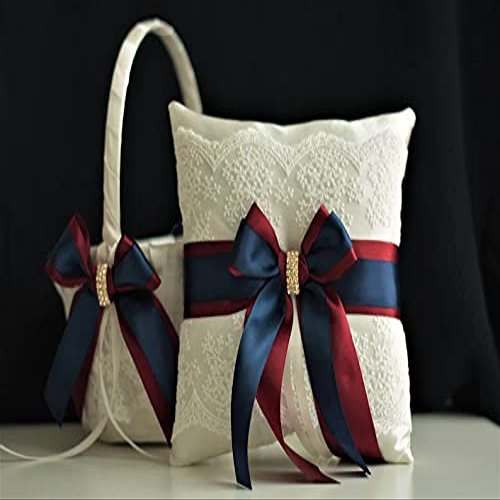 Navy Flower Girl Basket, Burgundy Pillow for Rings, Navy Blue Wedding Basket, Navy Ring Bearer Pillow, Flower Girl Baskets (White, 1 Pillow + 1 Basket)