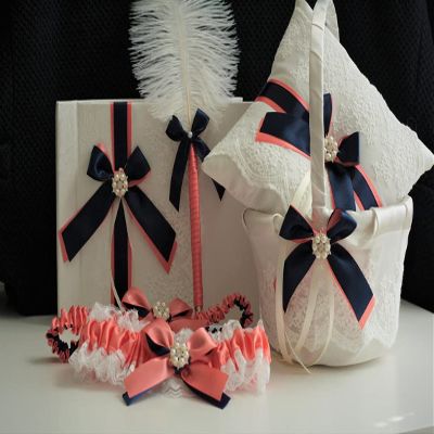 Coral Navy Wedding Basket Coral Ring Bearer Pillow Coral Flower Girl Basket Pillow Set Wedding Ring Pillow Navy Ring Pillow Flower Basket (Ivory as Picture, 2 Baskets)