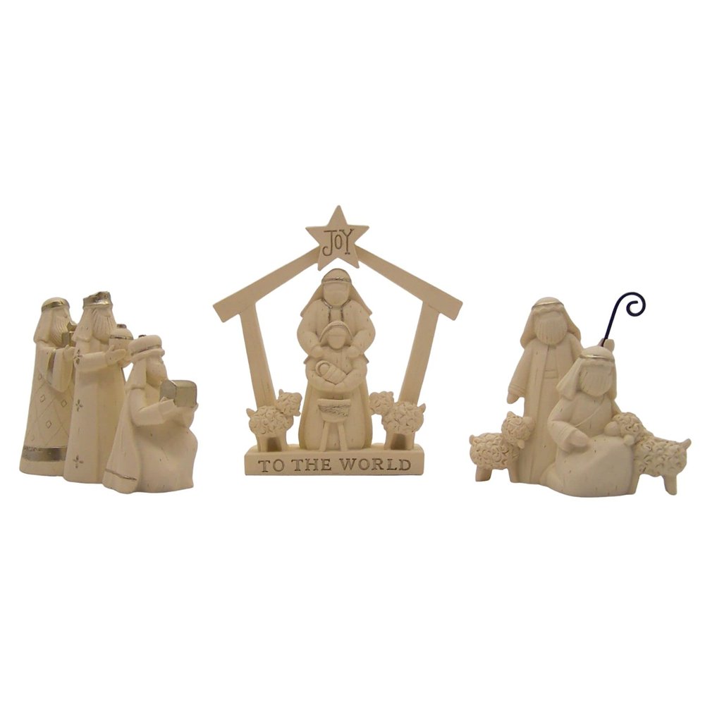 Blossom Bucket Joy to The World Nativity Scene, Freestanding, Christmas Decor, Set of 3, Ivory, Gold, 5''Lx4.75''H