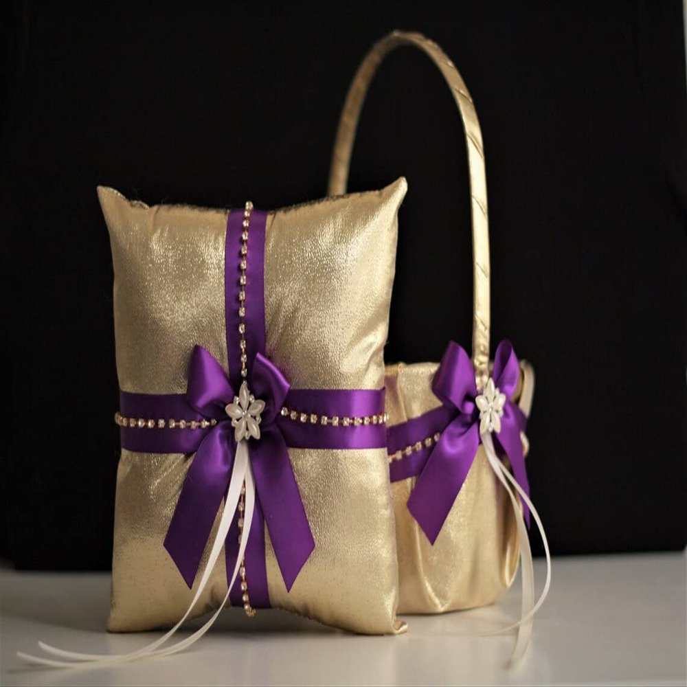 Purple Gold Bearer Pillow/Purple Flower Girl Basket/Purple Ring Bearer Pillow/Purple Gold Wedding Basket Purple Gold Pillow Basket Set (1 Pillow + 1 Basket)