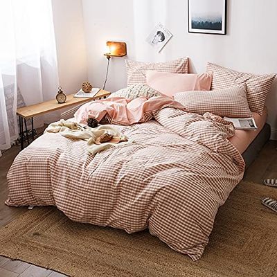 MZP Quilt/Duvet Cover Set 3/4pcs Twin-King Printed Bedding Set with Fitted Sheets 100% Washed Cotton Comforter Cover Sets with Zipper Closure Corner Ties(Pink D,200x230-150x200)