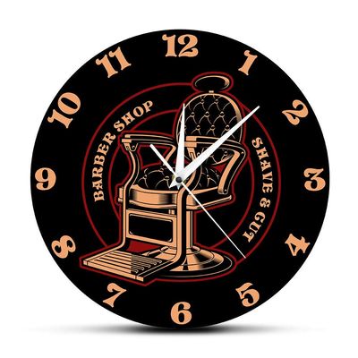 Barbershop Chair Vintage Logo Silent Wall Clock Barber Shop Decor Hanging Wall Watch Great Gift for Barbers and Hair Stylists-Frameless_Simple_Design