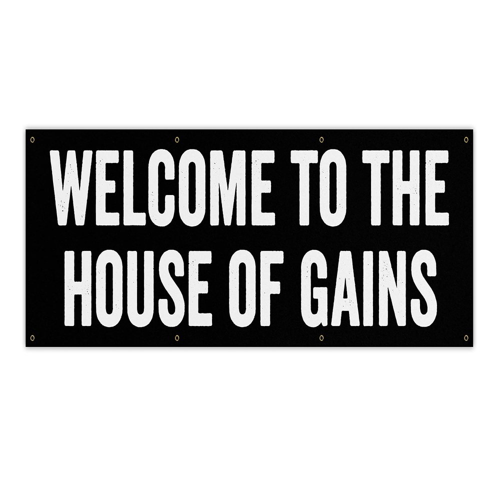 Damdekoli House Of Gains Banner - Motivational Home Gym Decor - Large Quote Wall Art - Weightlifting - Inspirational - Minimalism (48 x 16 Inches)