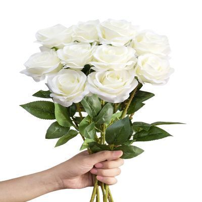 LFF 10Pcs White Silk Roses Artificial Flowers for Home Wedding Decor