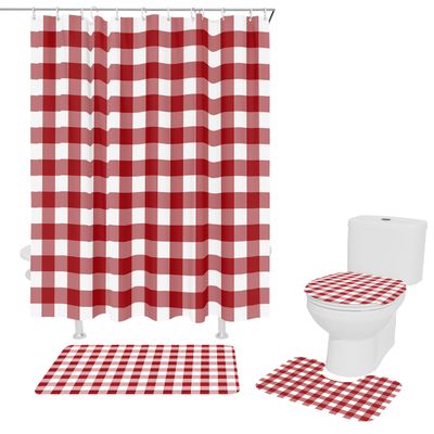 4 Pcs Shower Curtain Sets Red White Buffalo Plaid Check Waterproof Bathroom Set with Non-Slip Rugs Toilet Lid Cover Bath Mat, Vintage Farmhouse Shower Curtain with Hooks -36x72 inch, Small