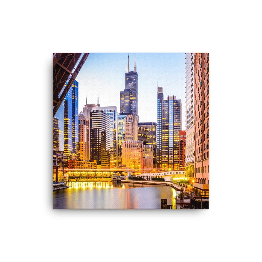 16x16 Chicago Skyline Canvas Wall Art Print: Downtown Cityscape Room Decor with Willis Sears Tower, Office Living Room or Bedroom Decoration, Gift for Men or Women, Ready to Hang Fine Art