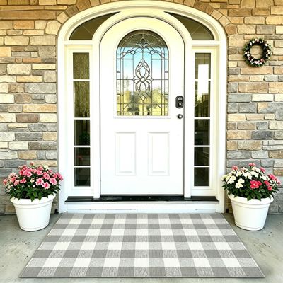MUBIN Cotton Buffalo Plaid Rug, 3' x 5' Gray White Outdoor Rug Front Door Decorative Mat, Washable Doormat Hand-Woven Foldable Area Rug Layered Door Mats Rug for Front Porch, Entryway, Patio