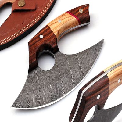 Bushcraft Custom Handmade Damascus Steel Ulu Knife - Alaskan Ulu Knife With Sheath - Multi-Purpose Alloy Steel Knife For Skinning, Hunting, Chopping, (Rose Wood & Olive)