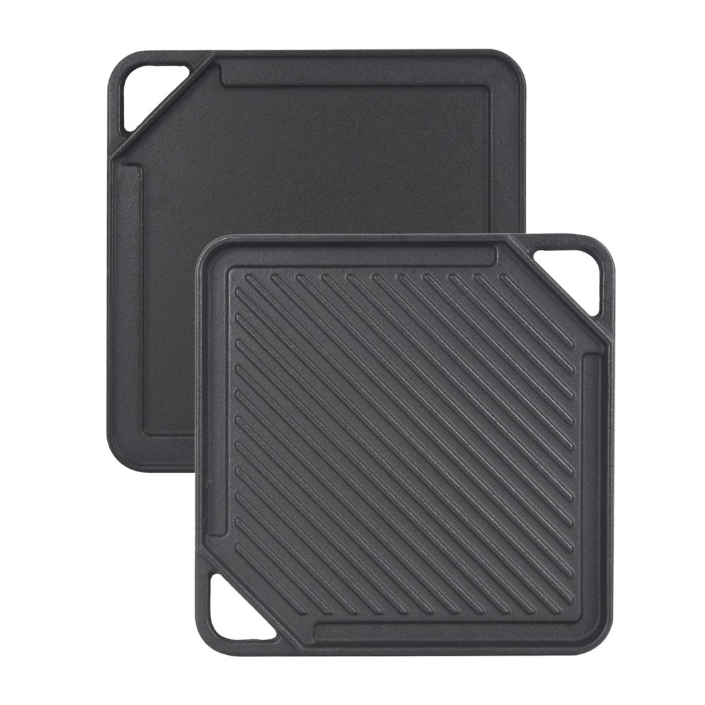 GasSaf Cast Iron Reversible Griddle, Double Sided Grill Pan Perfect for Stove Tops and Gas Grills, 10 Inch x 10 Inch