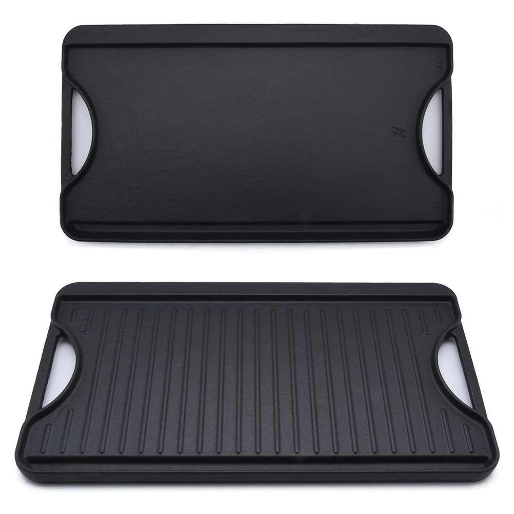 GasSaf Reversible Cast Iron Griddle, 18.5 x 10 Inch Double Sided Cooking Surface, Heavy-Duty Gas Grill Pan, Flat & Ribbed Griddle Pan for Double Burner Stovetop, Oven, Grill & Campfire